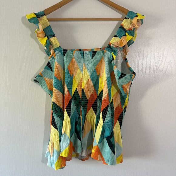 Torrid Peplum Crinkle Gauze Smocked Tank Top Geometric Multi-Color tank Size 4X - Picture 6 of 7